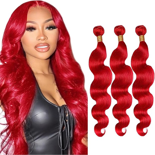 28 28 28 Inch Red Human Hair Bundles Burgundy Body