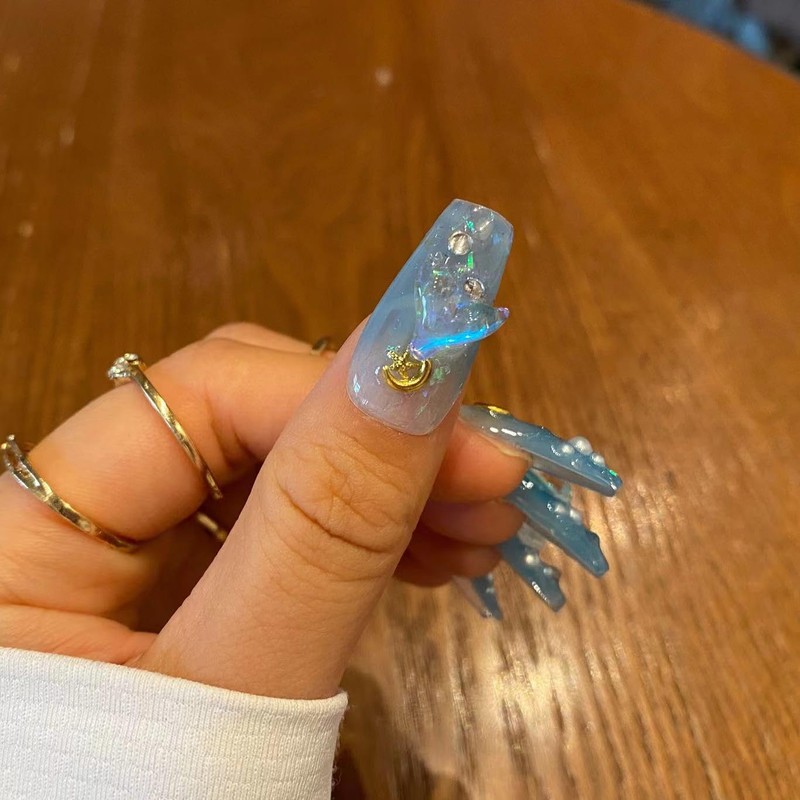 Handmade Nail Tip Medium Long Ballerina False Nail Light Blue