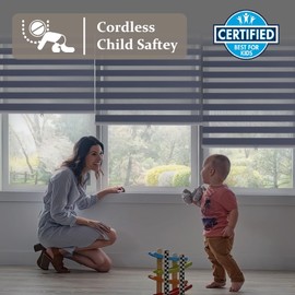 Bliwans Zebra Blinds, Cordless Blinds for Windows, Roller Shades, Double Layered, Sheer Privacy or Light Filtering Shades for Day and Night, Window Blinds for Home, Office, Kitchen, 44"W X 72"H, Grey