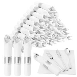 Goldclean 50 Pack Pre Rolled Silver Plastic Silverware, Wrapped Cutlery Set Include Forks, Spoons, Knives & Napkins, Disposable Heavy Duty Silverware Set for Party and Wedding