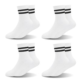 ZERULETS Toddler Kids Socks, 4 Pairs Crew Cotton Athletic School Stripe Socks for Boys Girls 1-12 Years（White，9-12 Years）