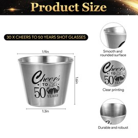 30 Sets 50th Birthday Party Favors for Guests Include Cheers to 50 Years Stainless Steel Shot Glasses Bulk with Thank You Cards and Organza Bags, Souvenirs for Birthday Anniversary