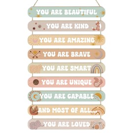 MONALET Boho Inspirational Motivational Wall Art Decor for Girls Room Nursery Baby Kids Playroom Bedroom Door, Bohemian Positive Affirmations Hanging Wood Signs Decorations, Girly Wooden Plaque, 12x19in