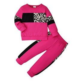 Tikoubabe Toddler Girl Clothes Baby Sweatshirt Leopard Fall Winter Outfits Long Sleeve Tops Pants Set 2 Pcs rose red 2-3 Years 100CM