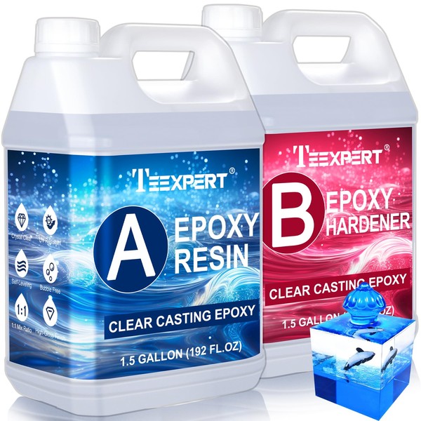 Teexpert Epoxy Resin Kit 3 Gallon, Clear High Capacity 1.5 Gallon Casting Resin and 1.5 Gallon Hardener Kit, UV Resistant High Gloss Bubble free 2 Part Epoxy Resin for Casting Craft Molds Wood DIY Art
