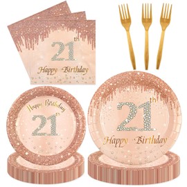 BOKFJBP 96pcs 21st Rose Gold Birthday Party Supplies, Birthday Party Plates Napkins and Forks Vintage 2004 Aged Party Dinnerware Disposable Party Decorations for Ladies Girl Serves 24(21st)