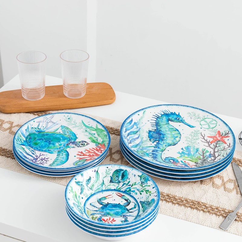 LEHAHA 12-Piece Melamine Beach Dinnerware Set, Coastal Plates and Bowls