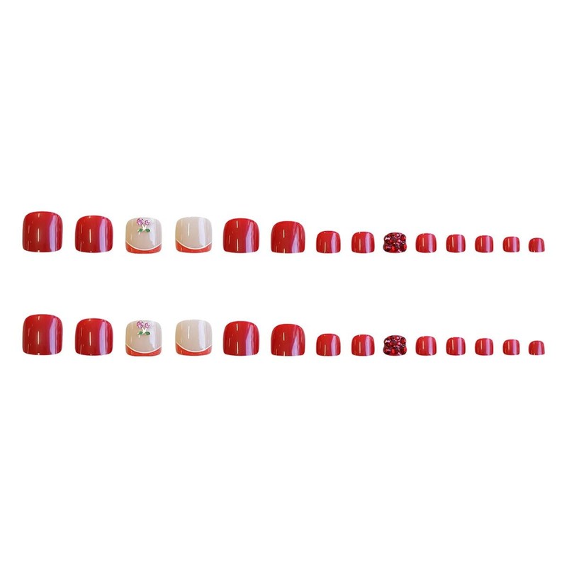 24Pcs Cute French Tip Press on Toenails Red Glossy Rhinestones