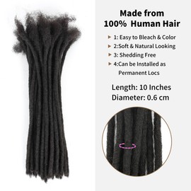 Human Hair Loc Extensions 0.6cm Width 30 Stands Handmade and 100% Human Hair Can Be Curled and Bleached Dreads Extension with Needle for Men and Women(0.6cm 10 Inch/30Strands-1B)