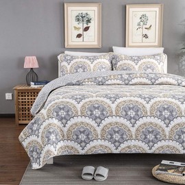 mixinni Mandala Bedspread Quilt Sets 100% Cotton 3-Piece Blue Grey Reversible Lightweight Coverlet Set with Shams for All-Season-(3pcs, Queen Size)