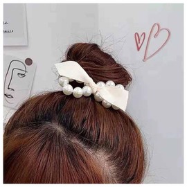 Vintage Pearl Bow Hair Tie Scrunchies Pearl Bow Ponytail Holder Hair Rope Black Satin Bow Hair Rope Tie Hair Bow Pearl Hair Rope Hand Black Ponytail Scrunchies Headdress Hair Jewelry for Women (White)