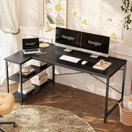 Huuger L Shaped Desk, 55 Inches Computer Desk with Reversible Storage Shelves, for Gaming Corner Home Office Writing Study, Metal Frame, Black