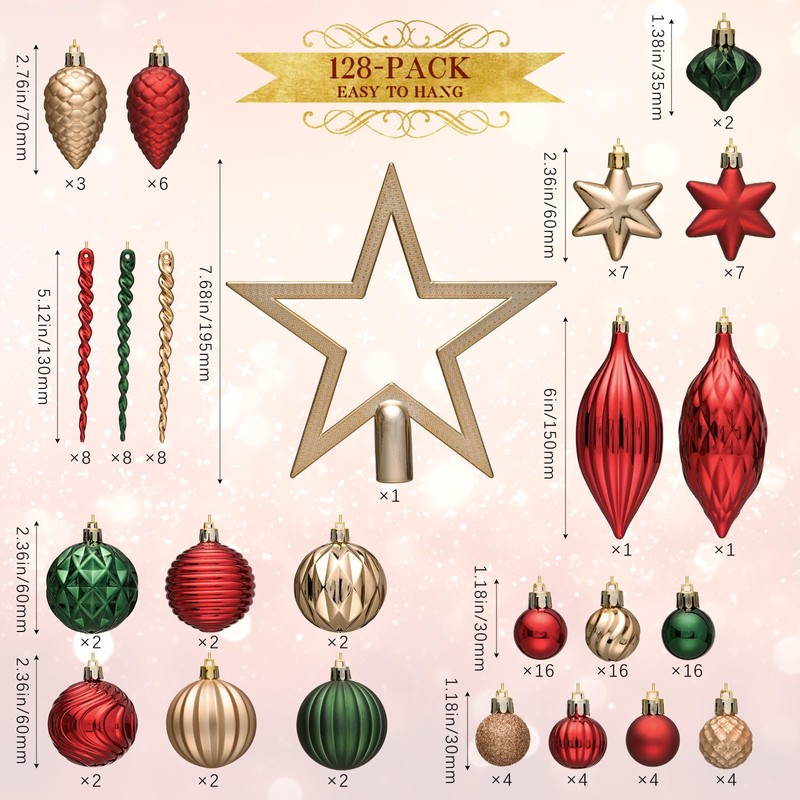 JORNOY 128 Pack Christmas Tree Ornaments Set, Classic Shatterproof Hanging