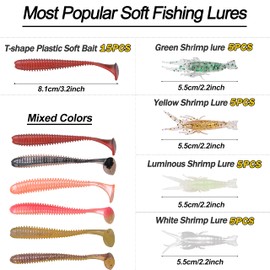 Bass Fishing Tackle Kit, 151pcs Texas Rig Kit Including Soft Plastic Fishing Lures Fishing Hooks Swivels Sinkers Beads Accessories for Saltwater Freshwater