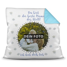 PR Print Royal Cushion with Your Own Picture and Name for Mum – Blue/Photo Collage as a Gift Idea/Decorative Cushion/Decorative Cushion/Back Light Blue with Filling
