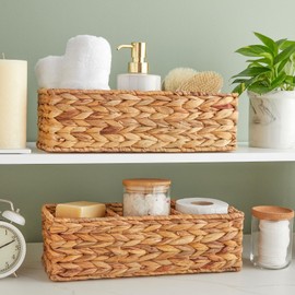 Farmlyn Creek 3-Section Wicker Baskets for Shelves, Water Hyacinth Storage Baskets for Bathroom Organizing, Toilet Paper Basket for Back of Toilet Tank Top, 2-Pack