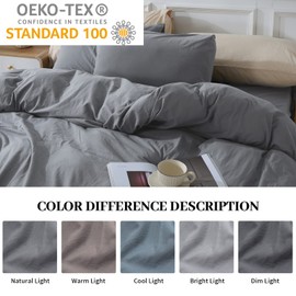 NEXHOME PRO Cotton Duvet Cover Queen Size Linen Look Textured Organic Natural 100% Washed Cotton Duvet Cover 3 Pieces Bedding Set with Zipper Closure, Breathable, Soft, Grey (No Comforter)