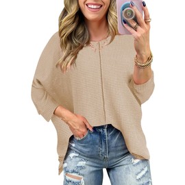 Poetsky Womens Casual Tunic Tops with Elbow Length Sleeves Crew Neck Waffle Knitted Shirts Oversized Long Pullover Sweater with Slits Apricot S