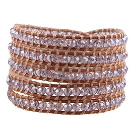 KELITCH Crystal Bead 5 Wrap Bracelet on Beige Leather