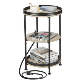 Dulcii Round Side Table with Charging Station, End Table with 3 Shelves for Living Room, Bedroom Nightstand for Small Spaces, Industrial Round Sofa Table with Steel Frame (USB+Oak)