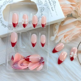 24Pcs Red French Tip Press on Nails Medium Almond Fake Nails with 3D Pearl Valentines False Nails Bow Nails Charms Glue on Nails Glossy Full Cover Stiletto Acrylic Nails for Women Girls Manicure