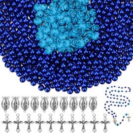 Yinkin 610 Pcs Rosary Pearl Beads Carved Rose Cross Centerpiece Crucifix Medal, Rosary Making Supplies Silver Jesus Maria Pendant for Bracelet Necklace Jewelry(Blue)