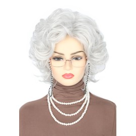Topcosplay Grandma Wig, Gray, Gray Hair, Necklace with Accessories, Grandma, Stylish, Wig, Elderly, Curly Hair, Cosplay, Manzai, Disguise, Parties, Banquets, Plays, Unisex, Costume, For Stage Use,