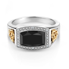 Gem Stone King 4.51 Cttw Black Onyx and White Lab Grown Diamond Ring For Men Set In 925 Silver and 10K Yellow Gold | Emerald Cut 11X8MM | Available In Size 7, 8, 9, 10, 11, 12, 13