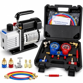Kit de Bomba de Vacío 4 CFM 1/3 HP y Juego de Manómetros Manifold para Aire Acondicionado R410A R134A R22 R12 R502, Incluye Mangueras de 1.5m, Aceite y Estuche de Transporte,Etapa 1 Bomba de Vacío
