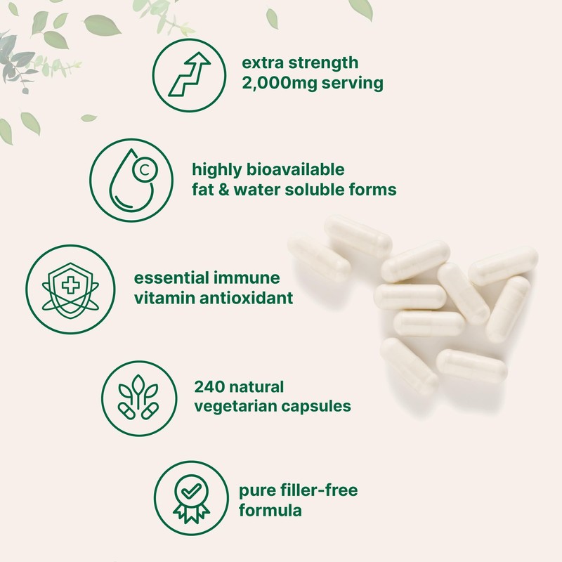 Pure Vitamin C 2,000mg, 240 Veggie Capsules | Highly Bioavailable