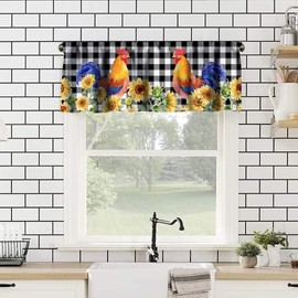 DDCBNS Farmhouse Valance Kitchen Curtains,Rustic Rooster Sunflower Black White Buffalo Plaid Rod Pocket Window Treatments for Living Room Bedroom Kitchen Bathroom Café,1 Panel,54" x 18"