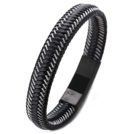 Halukakah ● Jazz ● Men's Genuine Black Leather Bracelet Titanium Magnetic Clasp Size Adjustable 8.5"-9"(21.5-23cm) with Free Giftbox(Gun Black)