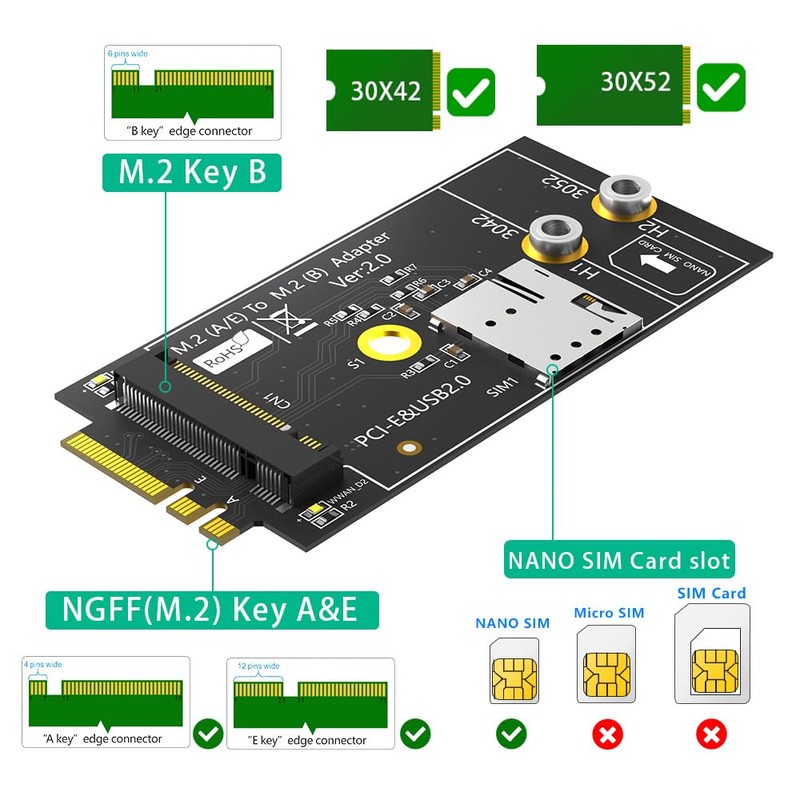M.2 Key B to A+E Adapter with Nano SIM Card