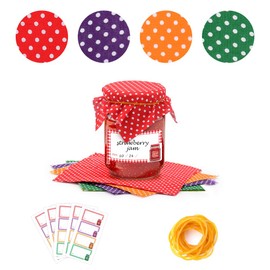 FIDWALL Kit di decorazioni per barattoli di marmellata (20) – 20 centrini quadrati in tessuto (15 x 15 cm, 4 colori) + 20 etichette impermeabili + 20 elastici – coperture decorative per marmellate