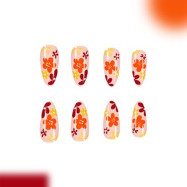 Fall Press on Nails Medium Fake Nails with Designs Flower Stick on Nail Almond Acrylic False Nail Thanksgiving Artificial Nail Press ons Glossy Full Cover Glue on Nails for Women 24Pcs
