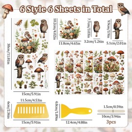 WANDIC Rub On Transfer Stickers, 6 Sheets Owl Decals Mushroom Stickers Forest Plant Stickers Waterproof Decals for Furniture Windows Craft,12 * 6in