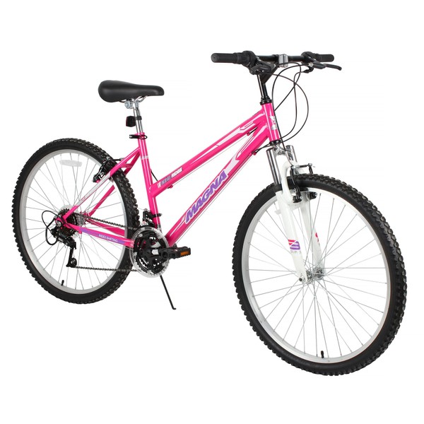 Dynacraft Hardtail Echo Ridge Mountain Bike Womens 26 Inch Wheels with 18 Speed Grip Shifters and Dual Hand Brakes In Pink