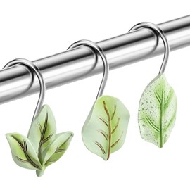 12PCS Shower Curtain Decor Hooks, Plant Eucalyptus Flower Leaf Stainless Steel Hooks Cute Shower Curtain Rings Bathroom Accessories (Green Eucalyptus Leaves)