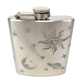 IncisoArt Hand Etched Stainless Steel Flask Sandblasted (Sand Carved) Upgraded 304 SS with Funnel (6 Ounce, Sun Moon Star Planet)