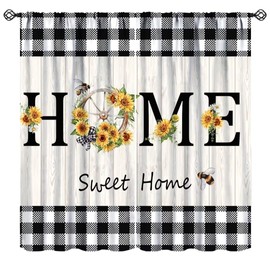 JanJCurt Farmhouse Sunflower Curtains, Rustic Vintage Summer Yellow Floral Blossom Wooden Board Black White Buffalo Plaid Window Curtains for Kitchen Living Room Bedroom, 42x45 Inch (No Blackout)