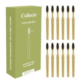 Colincie Colincie Extra Hard & Firm Bamboo Charcoal Toothbrush Long Head with Wide Thickened Handle Whitening Teeth Pack of 12
