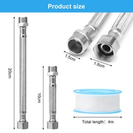 ZMDMAH 4pcs Flex Hose 3/8, Delstahl Reinforced Hose 3/8 Inch, Tap Hose Extension, 3/8 Extension, Water Connection Extension, Connection Hose Fitting (10 cm/20 cm)
