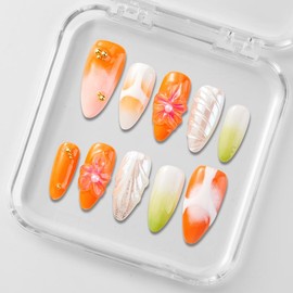 Zfans Almond Shape DreamWear Collection - 100% Handcrafted 3D Press-On Nails | Reusable, Long-Lasting, Salon-Quality Mint Bloom Eco-Friendly Nail Art Set:_Tangerine Tide_l