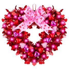 Moucuny Valentines Wreath for Front Door Heart Shaped Wreath with Light String and Bowknot Valentines Day Tinsel Garland Artificial Wreath Valentine Decoration for Door Wall Window Party Decor (Pink)