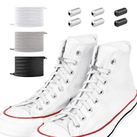 Newseego No Tie Shoelaces, Flat Shoelaces, Set of 3 Pairs, Stretchable, Textile, Rubber Material, Metal Turnbuckle, Easy to Install, For Children and the Elderly, Easy to Put On and Take Off Shoes, Metal Capsule, Time Saving, Sneakers, Boots, Casual Shoes, Black + White + Gray
