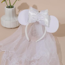 JIAHANG Bridal Veil Mouse Ear Headband，White Honeymoon Wedding Headpiece, Bachelorette Party Costume Headwear for Women Girls