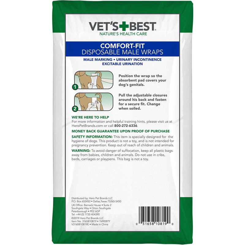 Vet's Best Comfort Fit Disposable Male Dog Diapers - Absorbent