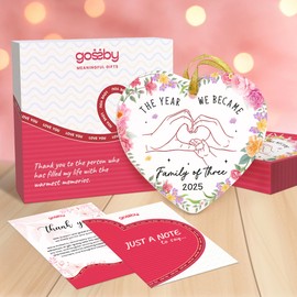 Gossby First Christmas Family of 3 Ornament 2025 - Gift for New Mom, New Dad - Baby 1st Xmas Gift Hanging Idea Boy Girl - Holiday Decoration Idea for Tree - Ceramic Heart-Shaped Christmas Ornament