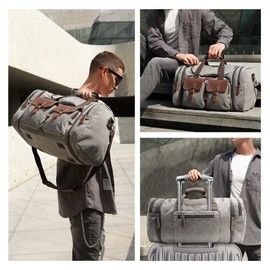 Wildroad 60L Travel Duffel Bag, Expandable Canvas Genuine Leather Duffle Bag Upgraded Overnight Weekender Bag Carry on Bag