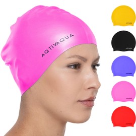 AqtivAqua Swim Cap for Women Swimming Cap for Men Adult Kids 6-14 Girls Boys Youth Hat (Pink color, Adult size)